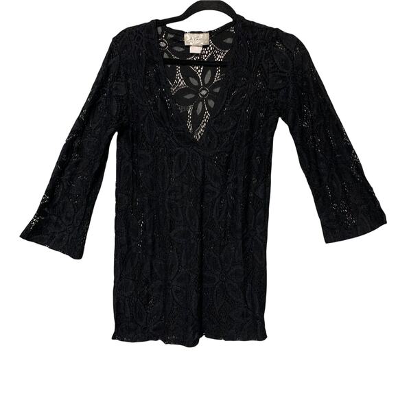 J Valdi Daisy Floral Lace Flower Deep V-Neck Black Swimwear Cover Up Small - Picture 11 of 11